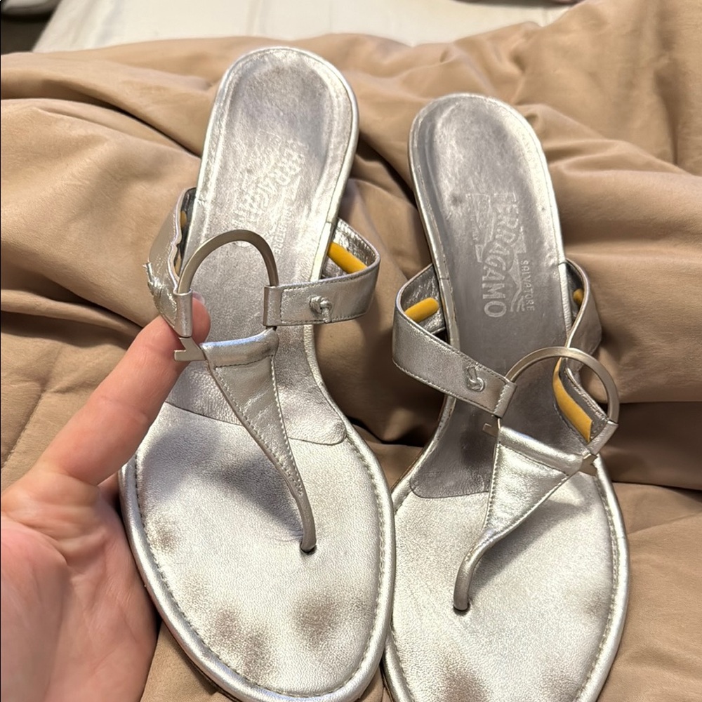 Salvatore Ferragamo Silver Metallic Thong Sandals with Gold Accent